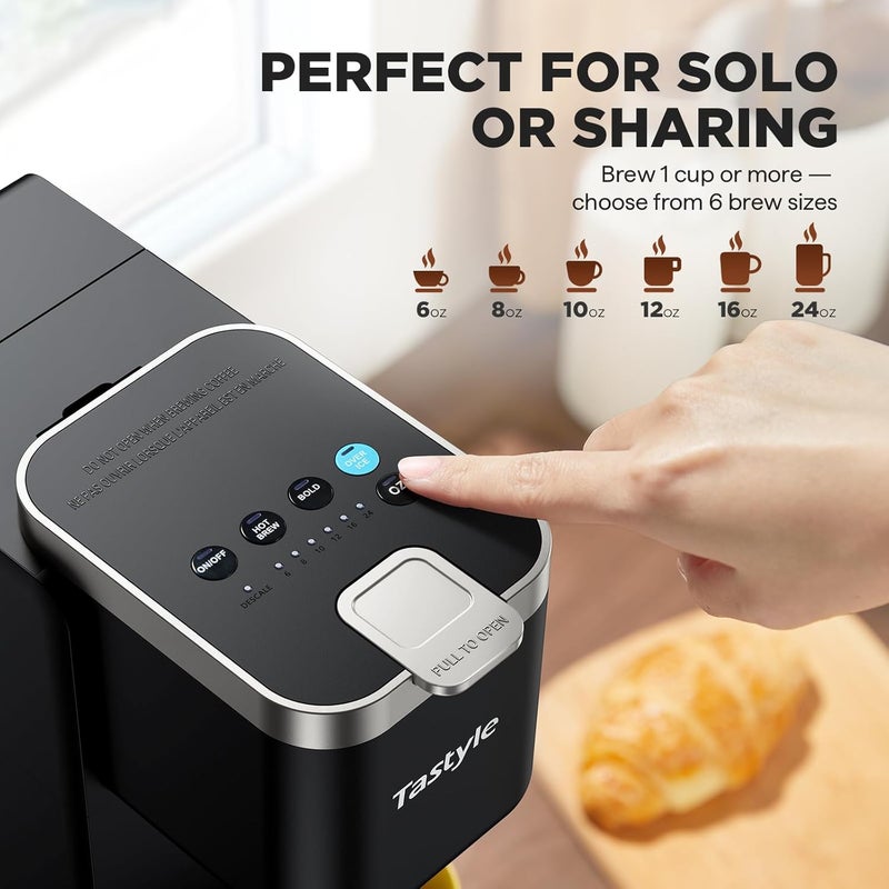Tastyle Single Serve Coffee Maker, Iced and Hot Coffee Machine for K Cup & Grounds, Compact Design, 40oz Removable Water Reservoir, 6 to 24 Oz Brew Sizes, Fits 7.3" Travel Mug, Black - Image 5